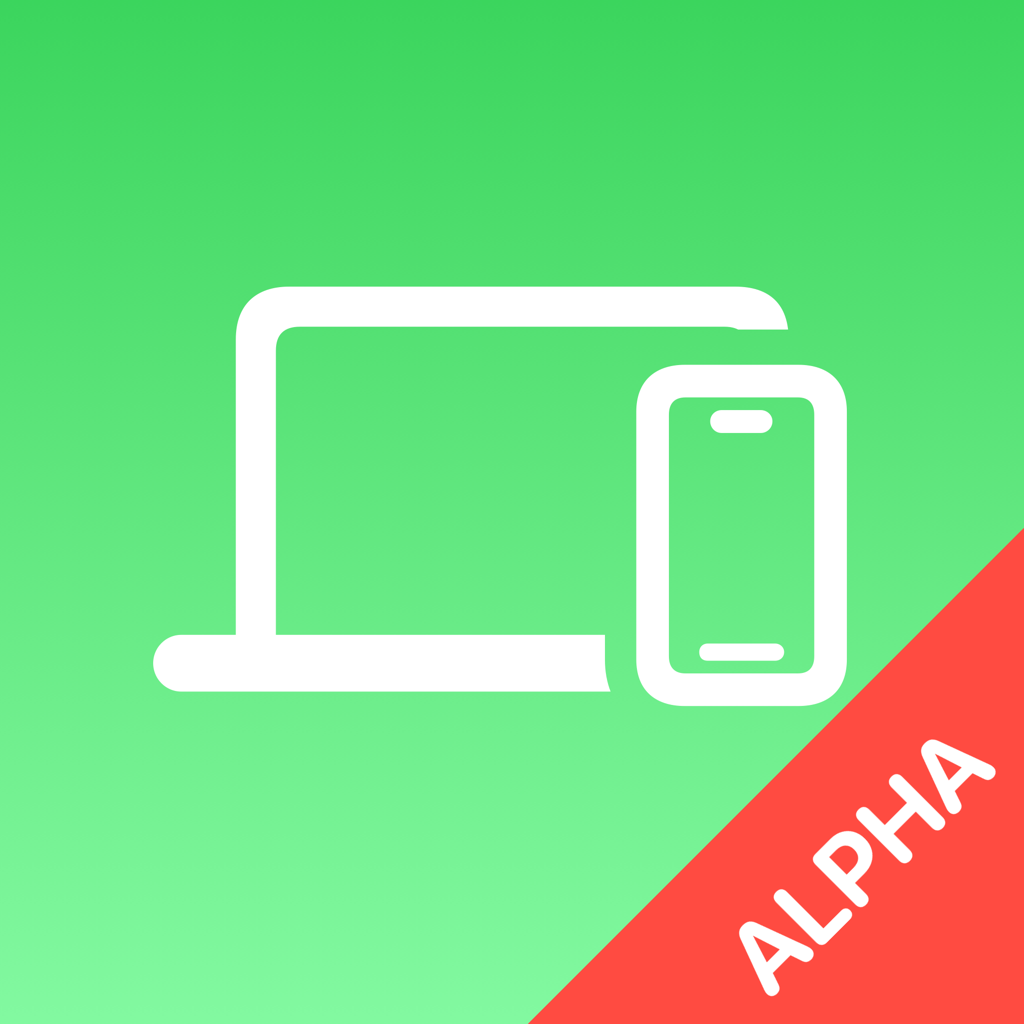 The current icon of the application. Solid green background. Shapes of an iPhone in front of a laptop, front facing. Currently with a badge of white letters on red text expressing "Alpha".